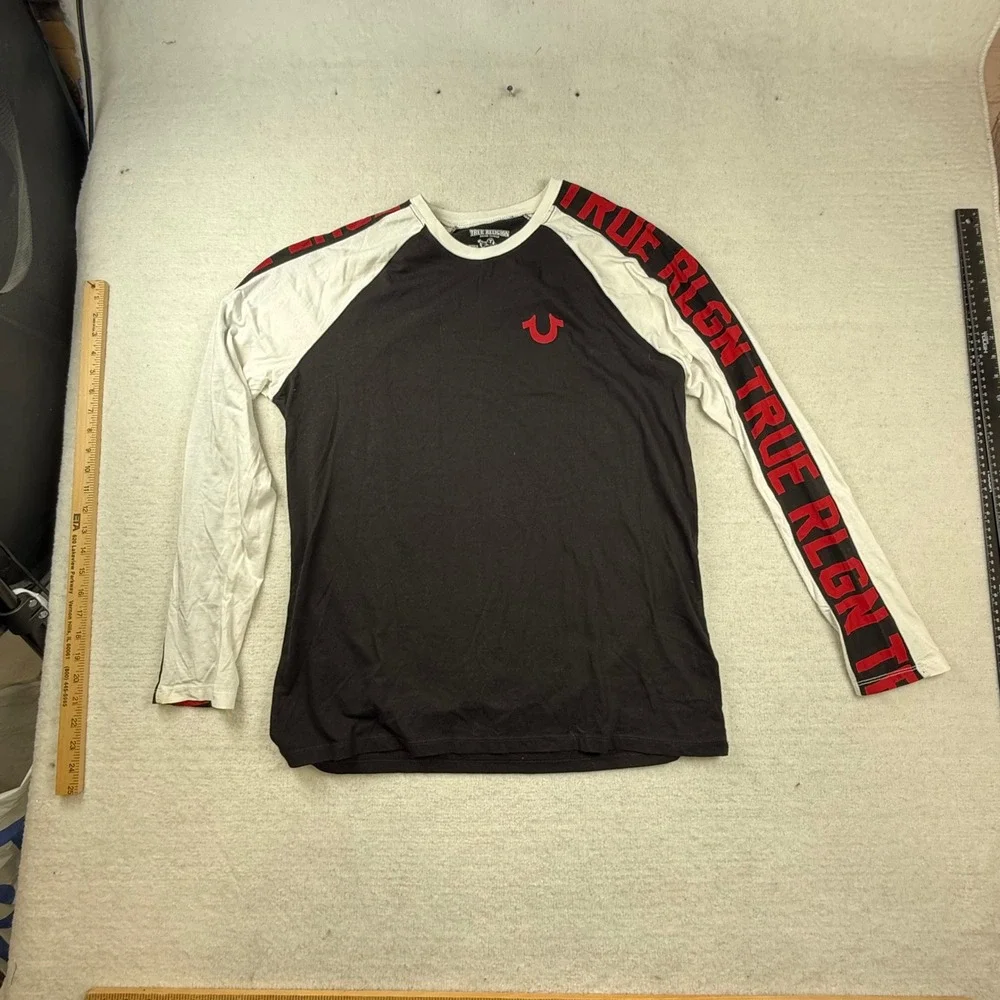 True Religion Mens Raglan Long Sleeve T-Shirt Black White Red Logo Graphic Large